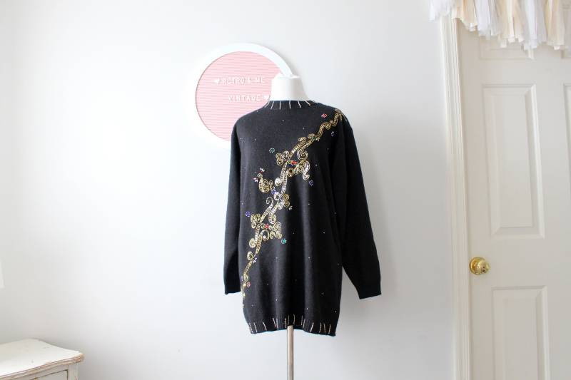 Vintage Schwarze Pailletten Fancy Perlen Pullover.... Größe Mittel. Edelsteine. Urlaub. Kostüm. Boho. Pullover. Stricken. Retro. Mod. Twiggy von retroandme