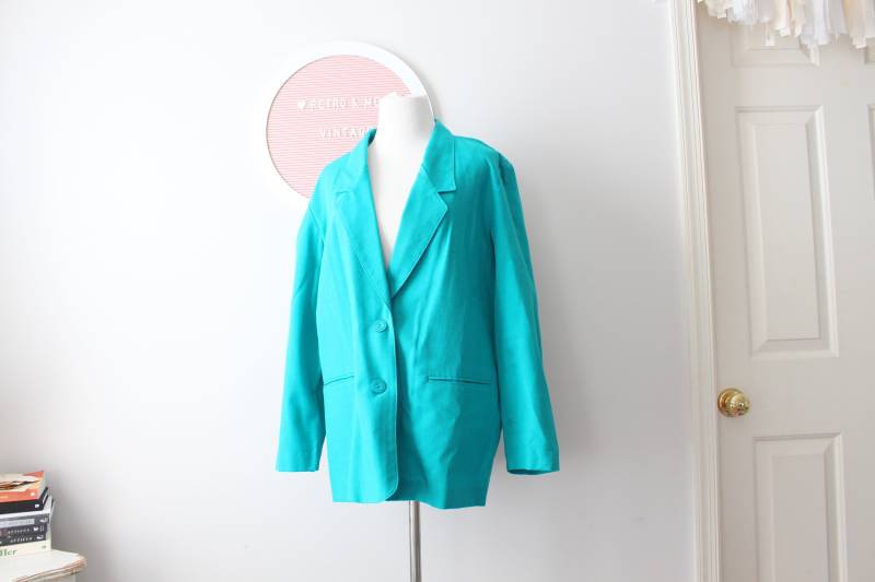 Vintage Teal Blazer Jacke...größe L Xlarge...baumwolle. Gut. Solide. Urlaub. Modell Zweigig. Retro. Frauen. Verrückt. Designer. Mode von retroandme