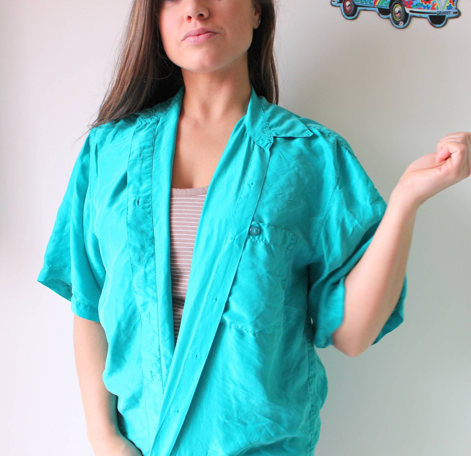Vintage Petrol Poly Bluse 80S-90S Seidiges Top, Large von retroandme