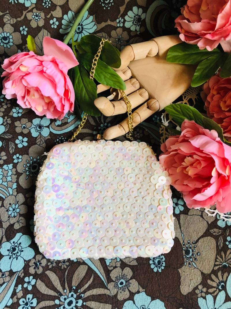 Vintage Aus Weißen Pailletten Und Creme Weiß Glas Samen Perlen Tasche. Party Abend Clutch Tasche, Tasche Vintage Aus Weißen Pailletten Und Creme Weiß Glas Samen Perlen Tasche. Party Abend Clutch Tasche, Tasche von retrobonbon