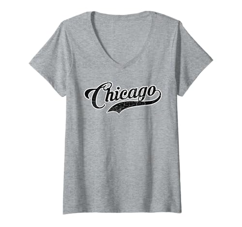 Damen Weißer Vintage Chicago Baseball T-Shirt mit V-Ausschnitt von retrocity