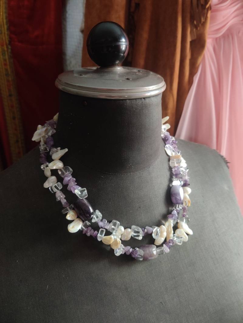 Vintage Süsswasserperlenkette Mit Amethyst Und Bergkristall, 2-Reihig von retroflowerpower