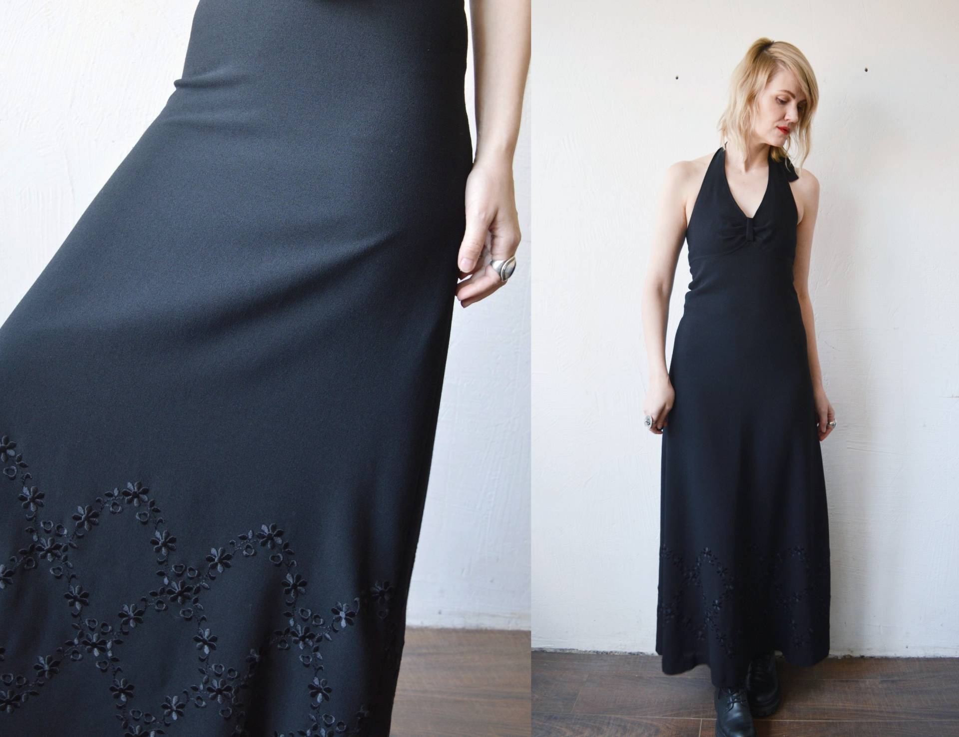 70Er Jahre Betty Barclay Vintage Schwarz Neckholder Maxi-Kleid. Elegantes Ärmelloses Schwarzes Wollkleid - Klein Bis Mittel von retrospectrovintage