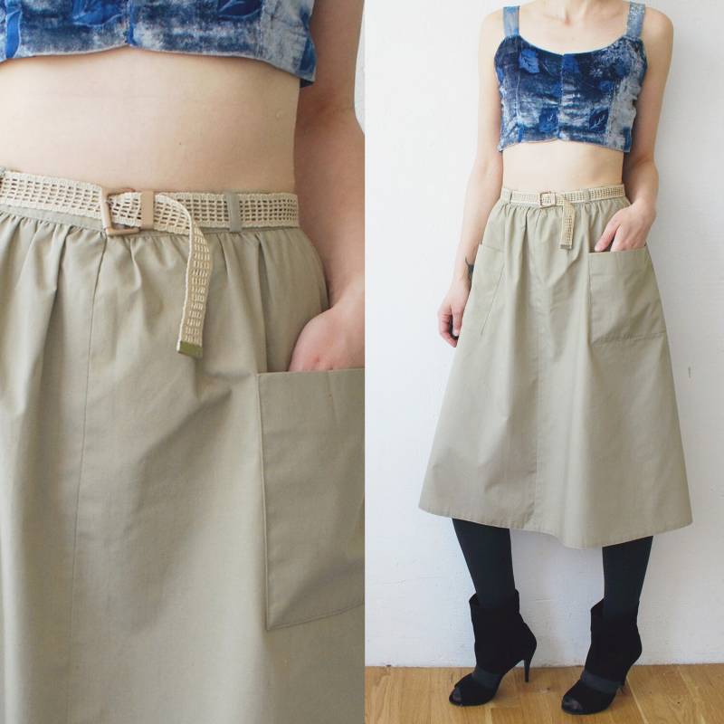 70S Pastel Beige Safari-stil Gürtel Midi-Rock Mit Taschen - Medium von retrospectrovintage