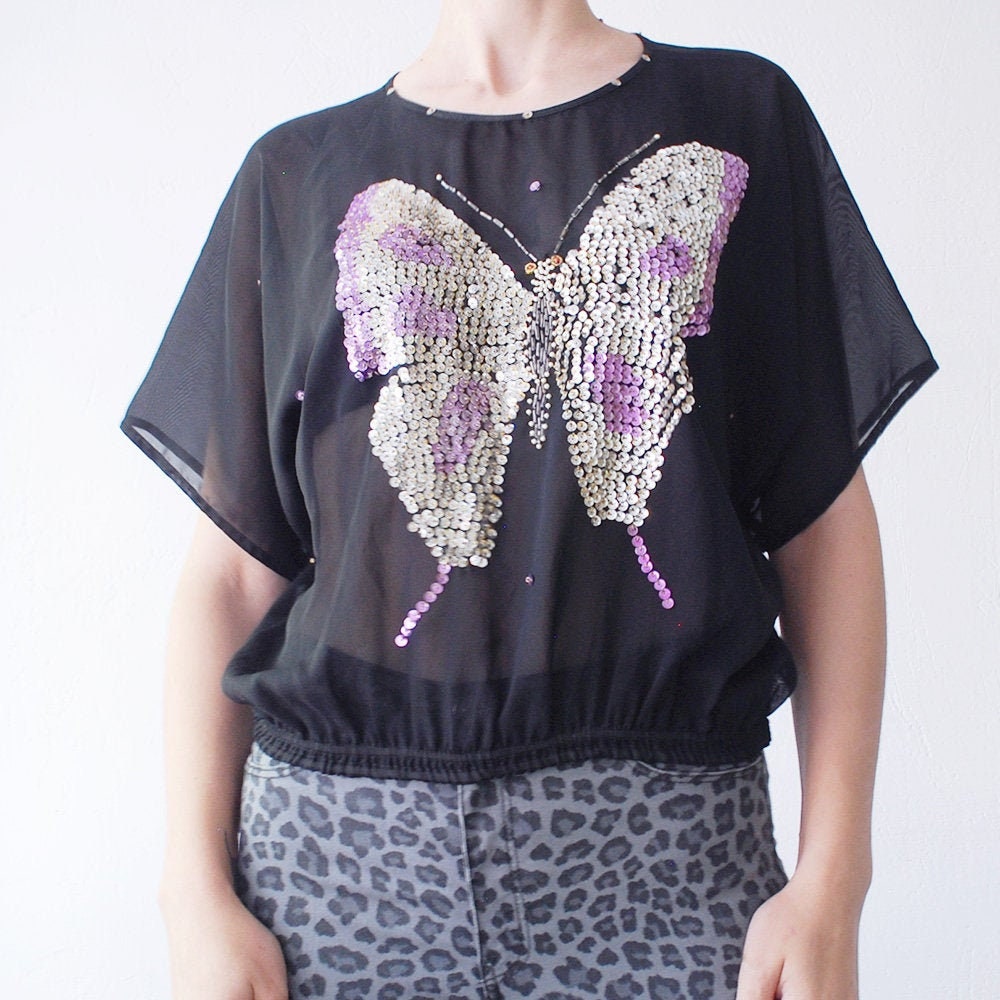 80Er Jahre Slouch Sheer Schwarze Bluse Top Schmetterling Fledermausärmel - One Size von retrospectrovintage