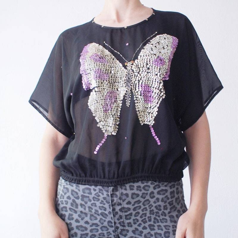 80Er Jahre Slouch Sheer Schwarze Bluse Top Schmetterling Fledermausärmel - One Size von retrospectrovintage