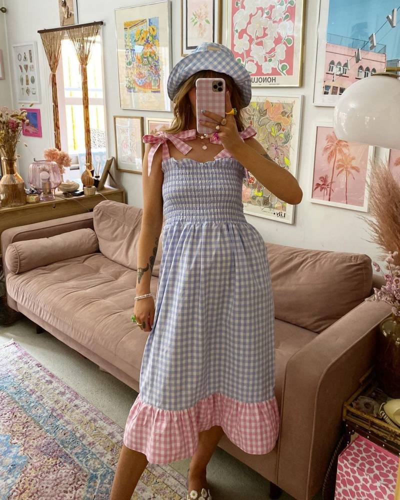 Natalia Gingham Gesmoktes Handmade Picnic Cottagecore Fairycore Versammeltes Kleid von reveriebyalexandra