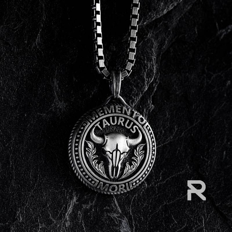 Herren Silber Taurus Schädel Anhänger - Sterling Zodiac Charm Gravierte Gothic Memento Mori Halskette Geschenk von reytel
