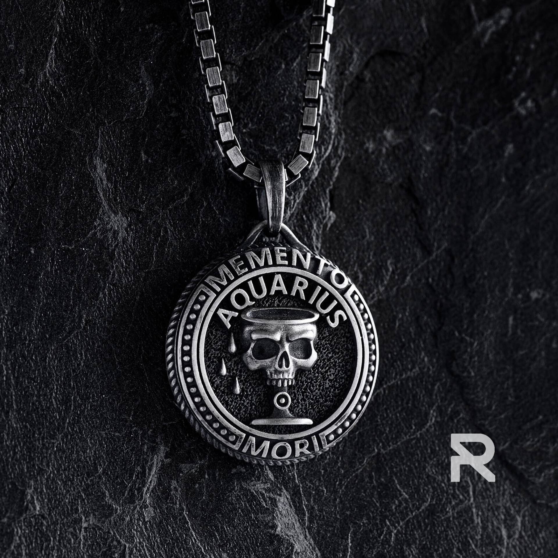 Herren Silber Wassermann Schädel Anhänger - Sterling Memento Mori Sternzeichen Gothic Halskette Geschenk von reytel