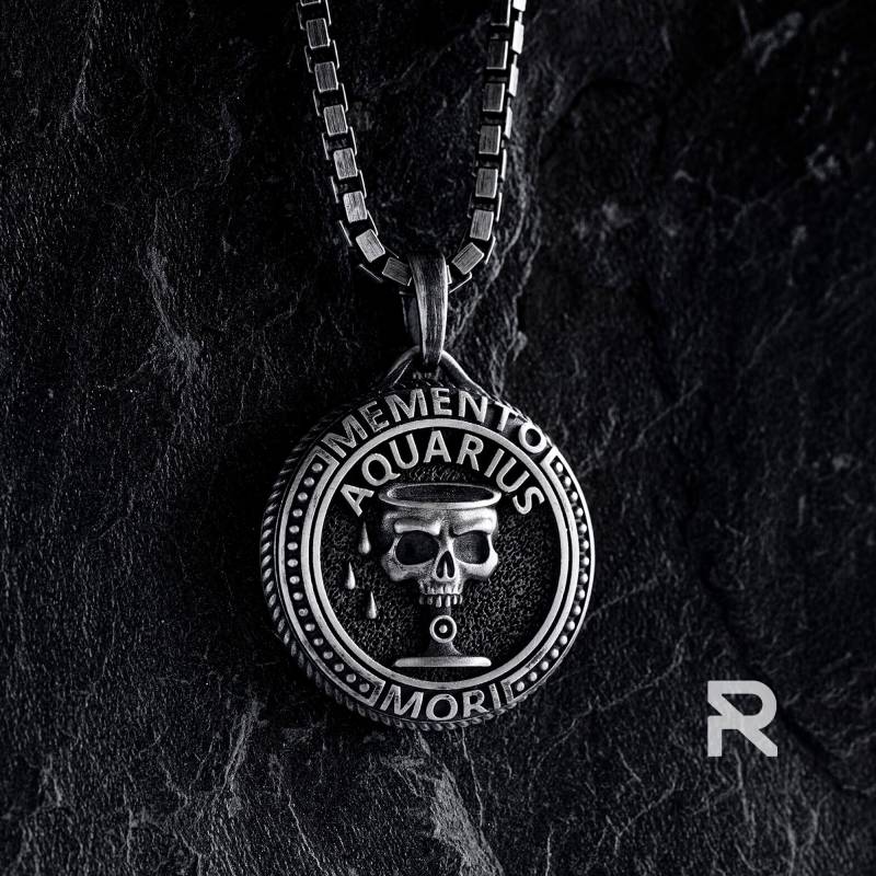 Herren Silber Wassermann Schädel Anhänger - Sterling Memento Mori Sternzeichen Gothic Halskette Geschenk von reytel
