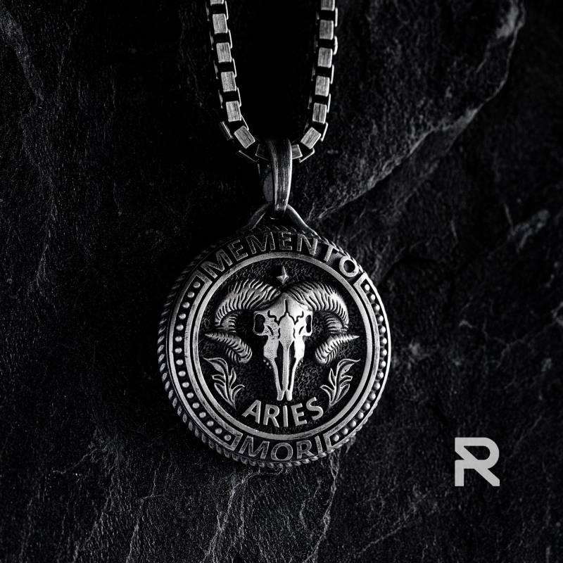 Herren Silber Widder Schädel Anhänger - Sterling Memento Mori Sternzeichen Gothic Halskette Geschenk von reytel