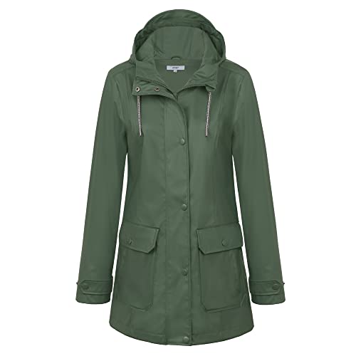 Regenjacke Damen Wasserdicht Regenmantel Gefüttert Atmungsaktiv Friesennerz PU Damen Regenjacke Wasserdicht Regenparka Regenjacke mit Kapuze,Grün,46 von rhythm of the rain