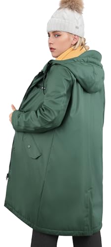 rhythm of the rain Winterjacke Damen wasserdicht Regenmantel mit Kapuze Winter Parka Jacke Warme Gefüttert PU Regenjacke Lang Übergangsjacke Friesennerz Regenparka Windbreaker,Olivgrün,40 von rhythm of the rain