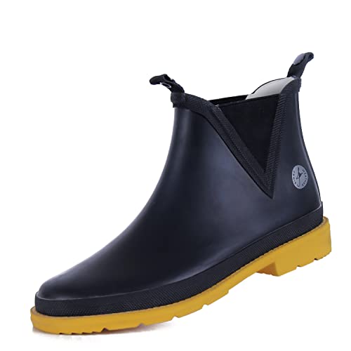 rhythm of the rain Damen Gummistiefel Wasserdicht Regenstiefel Chelsea Booties mit Blockabsatz Gr.35-42 von rhythm of the rain