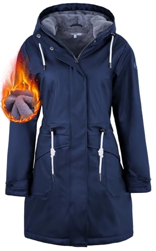 rhythm of the rain Regenjacke Damen mit Warm gefüttert Winterjacke Damen wasserdicht PU Regenmantel Friesennerz übergangsjacke mit Kapuze Navy 38 von rhythm of the rain
