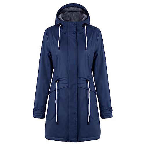 rhythm of the rain Regenjacke Damen mit Warm gefüttert Winterjacke Damen wasserdicht PU Regenmantel Friesennerz übergangsjacke mit Kapuze Navy 44 von rhythm of the rain