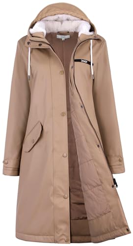 rhythm of the rain Regenmantel Damen Gefüttert wasserdicht Warme mit Kapuze Winterjacke PU Regenjacke Lang Übergangsjacke Friesennerz Regenparka Windbreaker,KHAKI,38 von rhythm of the rain