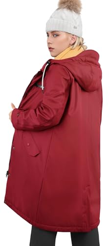 rhythm of the rain Regenmantel Damen Gefüttert wasserdicht Warme mit Kapuze Winterjacke PU Regenjacke Lang Übergangsjacke Friesennerz Regenparka Windbreaker,Rot,42 von rhythm of the rain