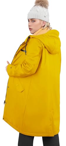 rhythm of the rain Winterjacke Damen wasserdicht Regenmantel mit Kapuze Winter Parka Jacke Warme Gefüttert PU Regenjacke Lang Übergangsjacke Friesennerz Regenparka Windbreaker,Gelb,42 von rhythm of the rain