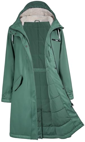 rhythm of the rain Winterjacke Damen wasserdicht Regenmantel mit Kapuze Winter Parka Jacke Warme Gefüttert PU Regenjacke Lang Übergangsjacke Friesennerz Regenparka Windbreaker,Olivgrün,44 von rhythm of the rain