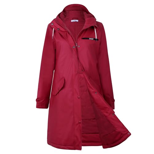 rhythm of the rain Winterjacke Damen wasserdicht Regenmantel mit Kapuze Winter Parka Jacke Warme Gefüttert PU Regenjacke Lang Übergangsjacke Friesennerz Regenparka Windbreaker,Rot,40 von rhythm of the rain