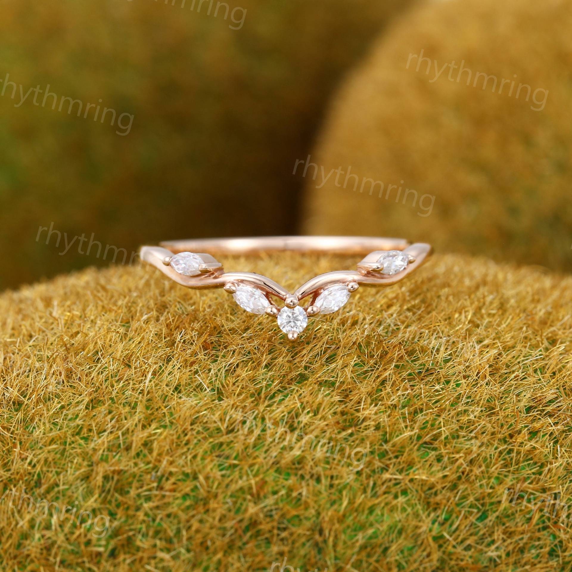 Marquise Moissanit Geschwungener Ehering Vintage Einzigartiger Roségold Art Deco Diamant Braut Passender Stapelring Versprechensring von rhythmring