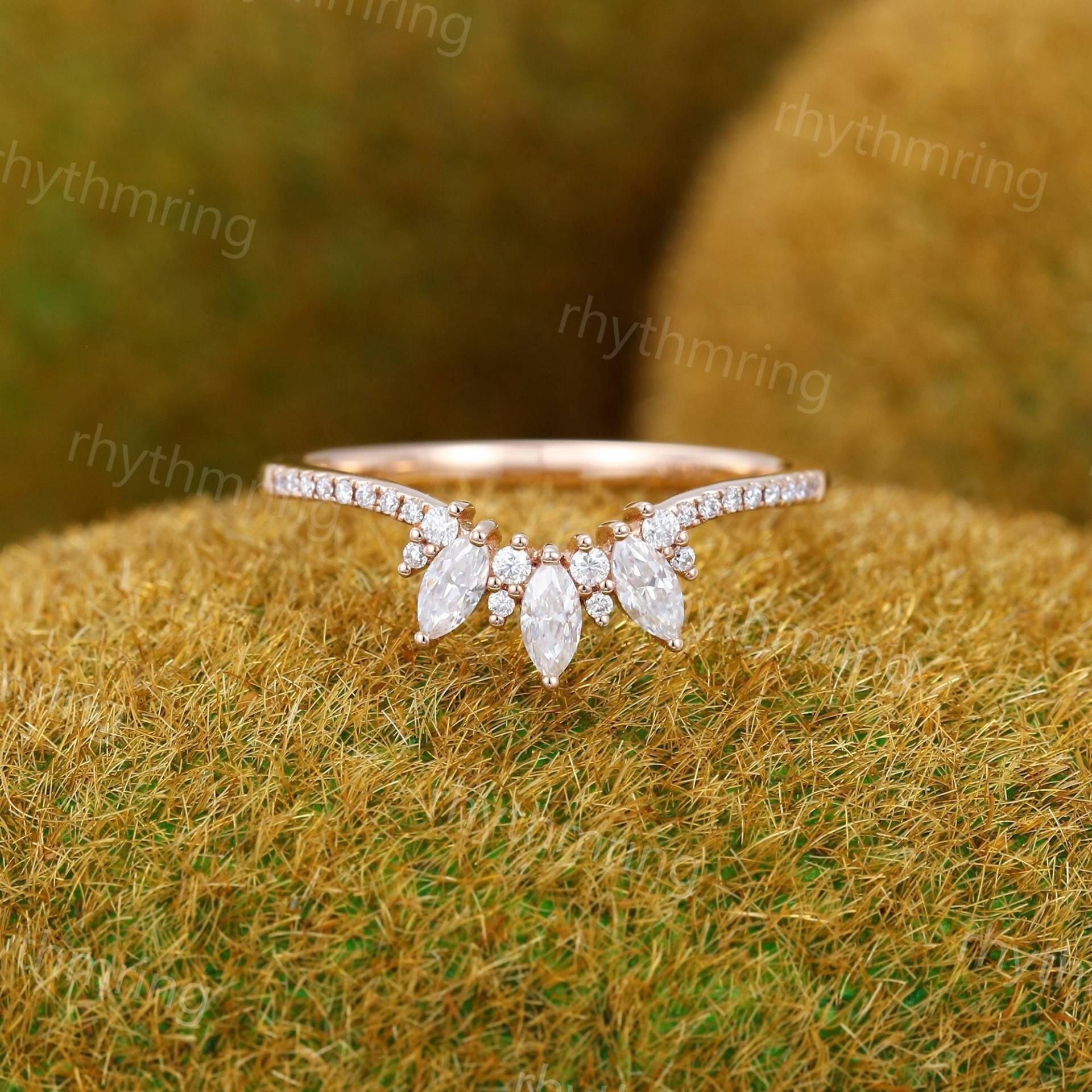 Marquise Moissanit Gebogener Ehering Vintage Einzigartiger Roségold-Ehering Diamant-Cluster-Ring Braut Passendes Stapelversprechen Band von rhythmring