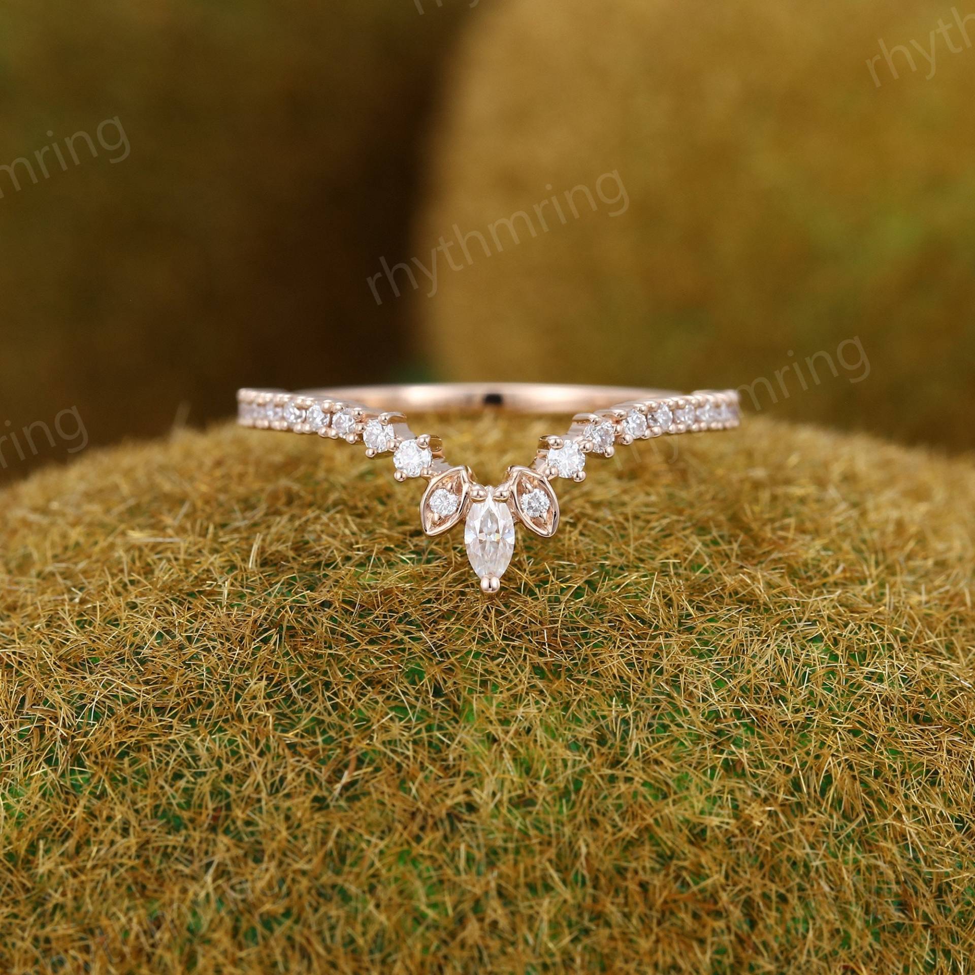 Marquise Moissanit Ehering Einzigartige Rose Gold Geschwungene Hochzeitsring Vintage Diamant Braut Passende Stapeln Versprechen Band von rhythmring