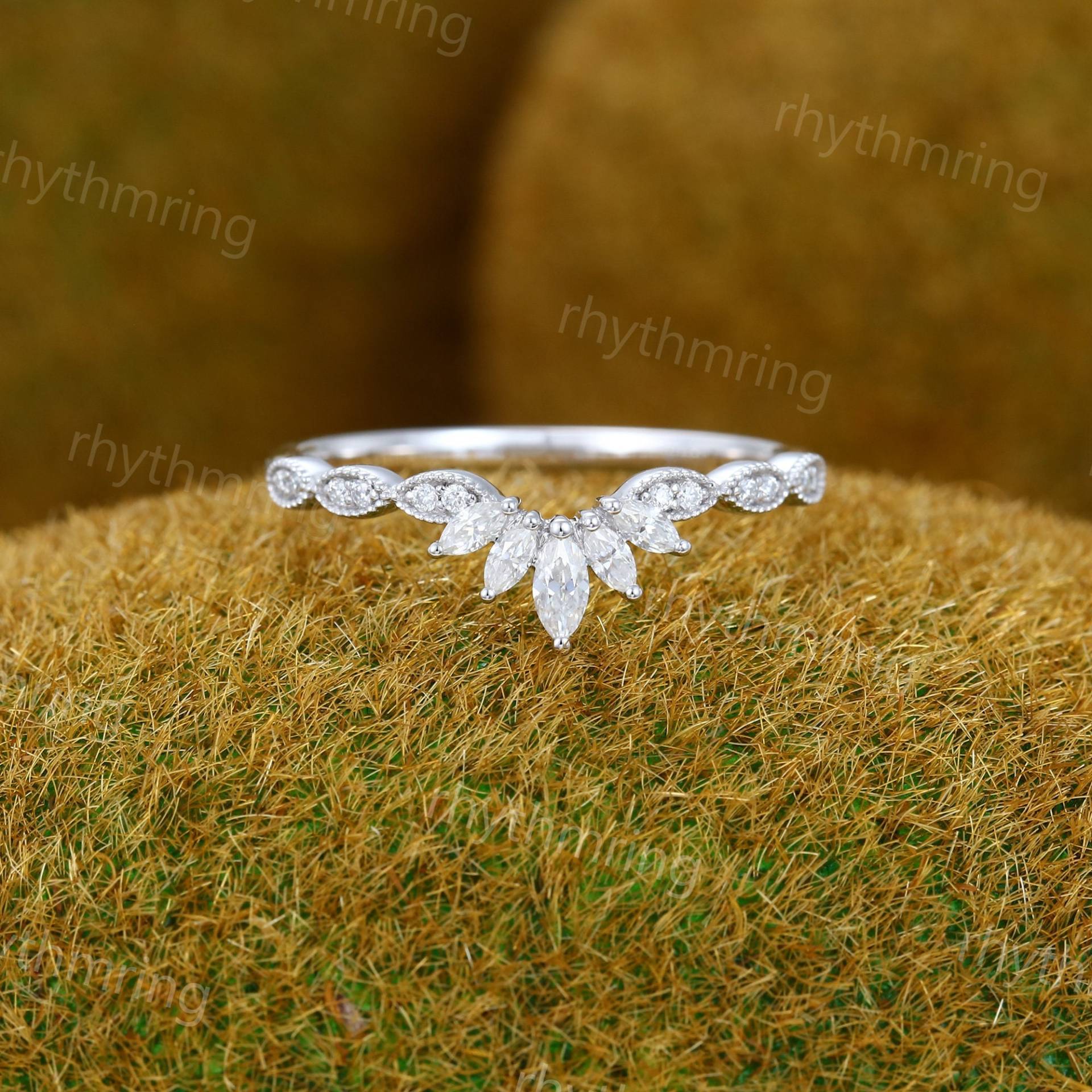 Marquise Moissanite Trauring Vintage Weißgold Geschwungener Hochzeitsring Einzigartiger Diamant Ehering Brautpaar Passend Stapeln Versprechen Band von rhythmring