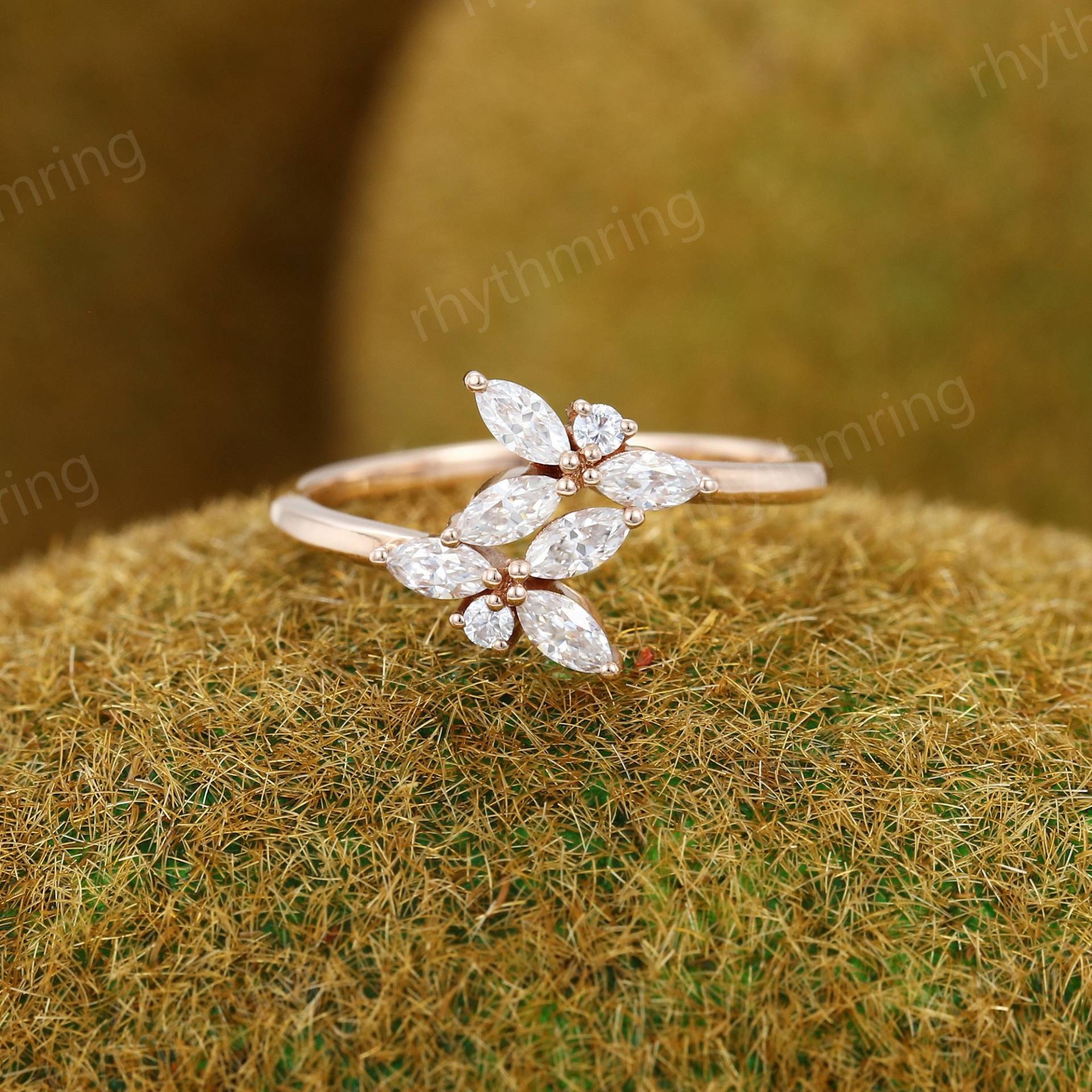 Marquise Moissanit Verlobungsring Jahrgang Einzigartige Rose Gold Cluster Art-Deco Diamant Ehering Versprechen Jubiläumsring von rhythmring