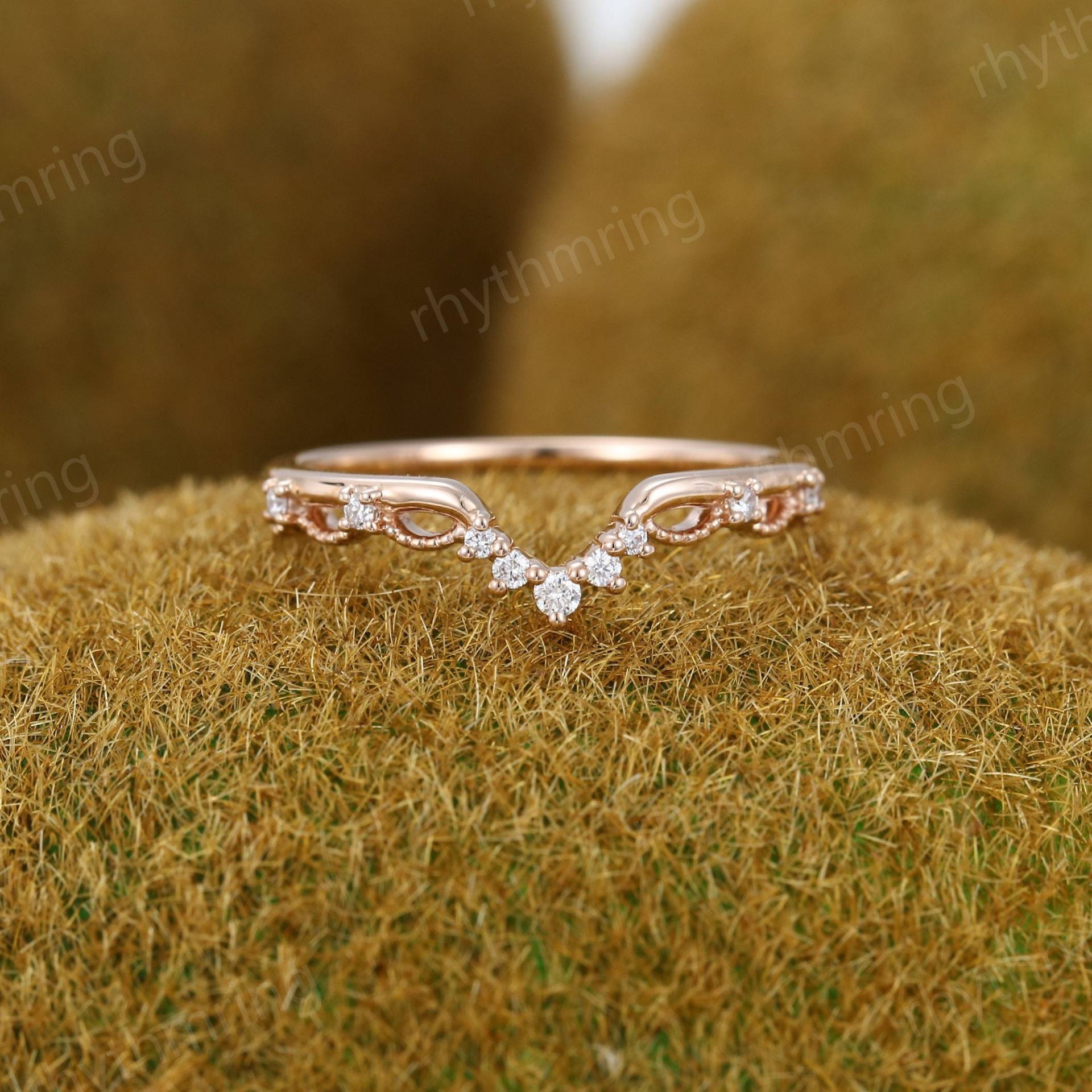 Moissanite Gebogener Ehering Einzigartiger Roségold-Verlobungsring Frauen Vintage-Cluster-Diamant-Hochzeitsring Braut Passendes Versprechen Für Sie von rhythmring