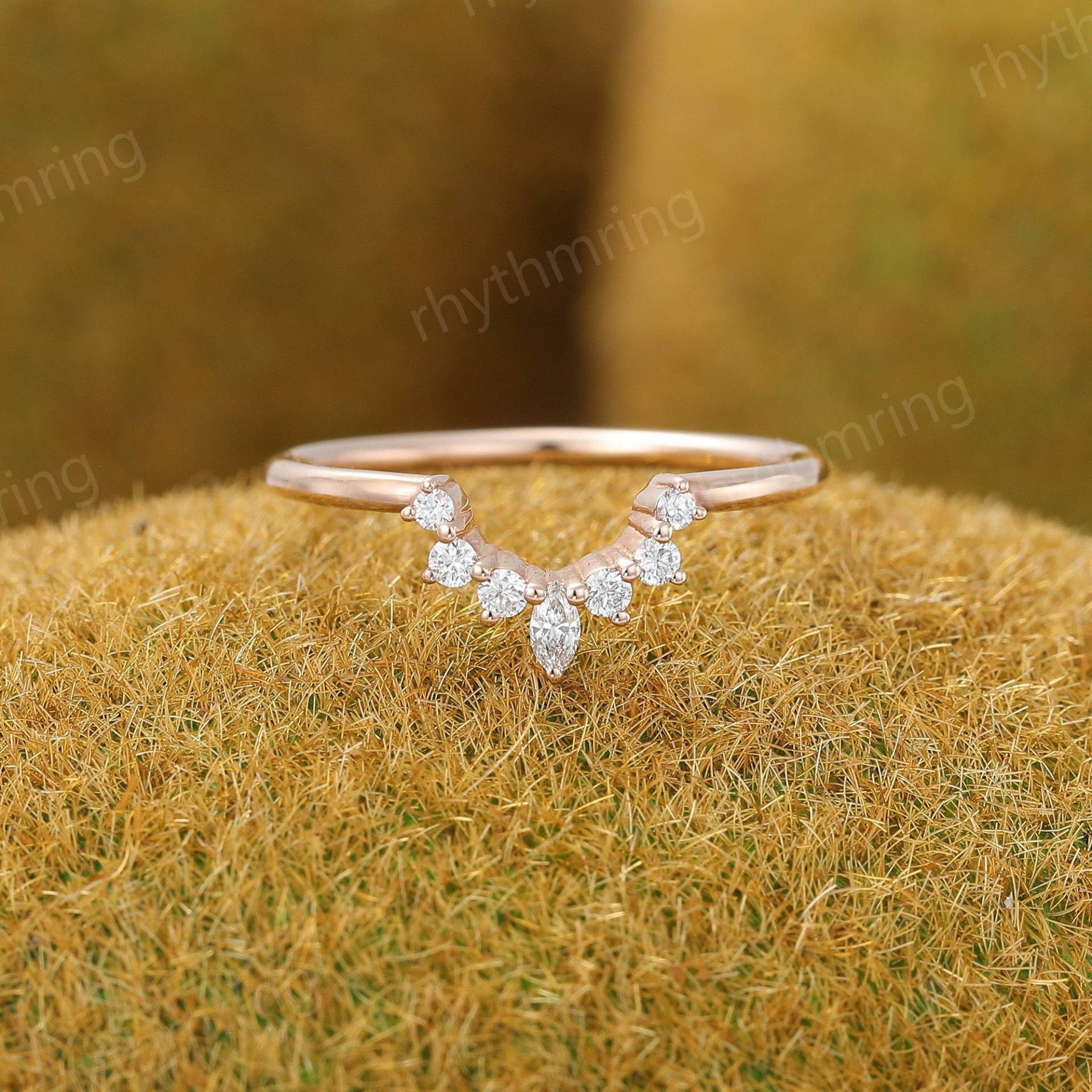 Vintage Marquise Moissanit Ehering Zarte Rose Gold Geschwungene Diamant Ring Braut Passende Stapeln Band Versprechen von rhythmring