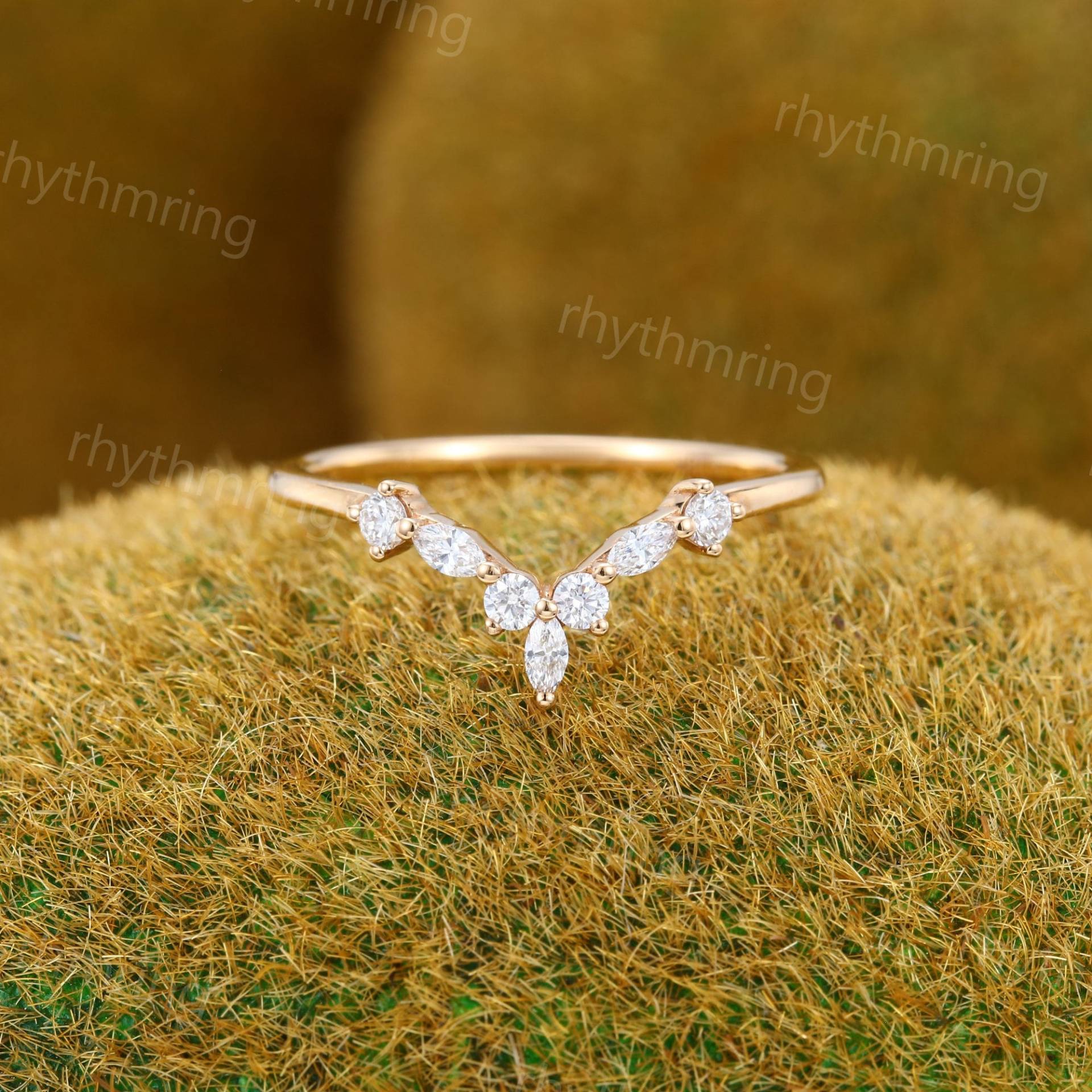 Vintage Marquise Moissanit Trauring Einzigartige Rose Gold Geschwungene Ehering Diamant Braut Passende Stapeln Versprechen Band von rhythmring