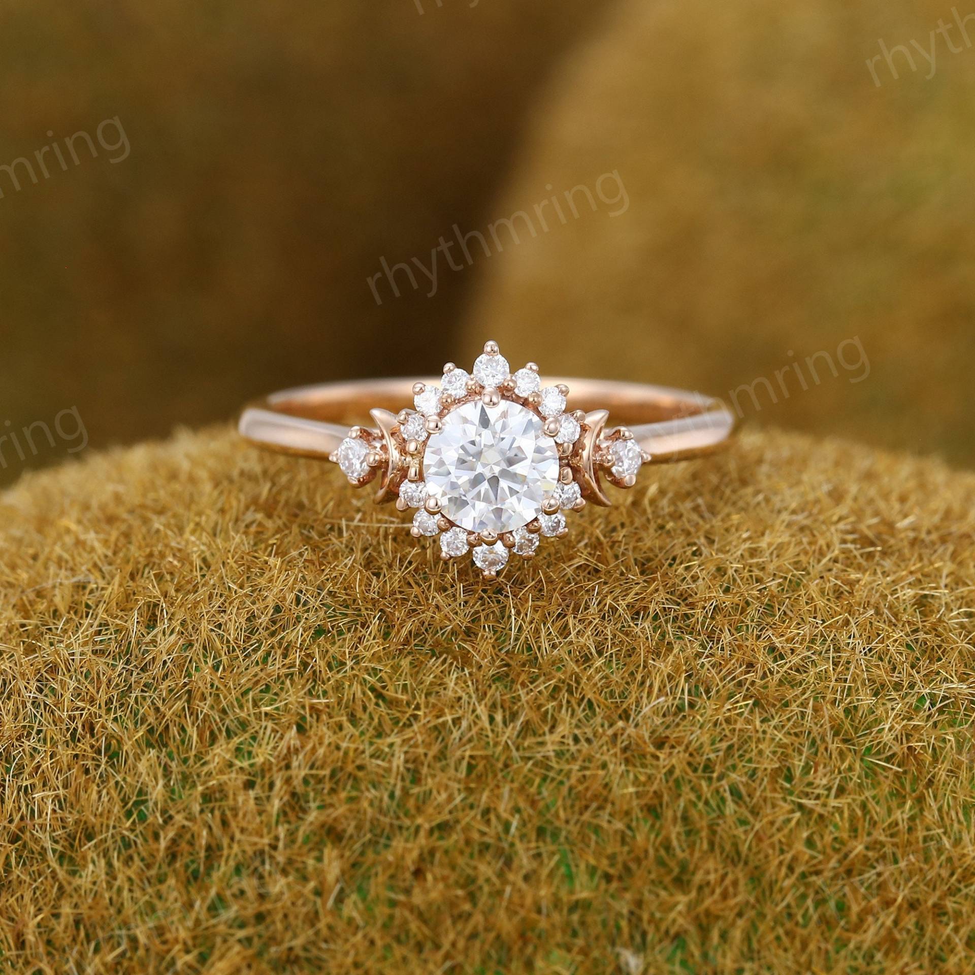 Vintage Moissanite Verlobungsring Einzigartiger Roségold-Verlobungsring Antiker Diamant Halo-Ring Art-Deco-Versprechen Jahrestagsring Für Frauen von rhythmring