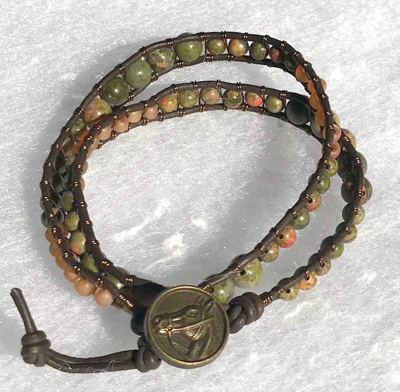 Doppel Wickeln Unakite Edelstein Leder & Messing Draht Wickeln Armband von ricats