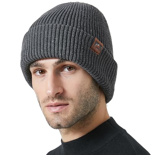 Beanie Mütze Herren Damen - Wintermütze mit Lederpatch Warme Strickmütze - Weiche Dehnbare Unisex Wollmütze - Stylische Urban Streetwear Mütze - Winter, Dunkelgrau von ricema