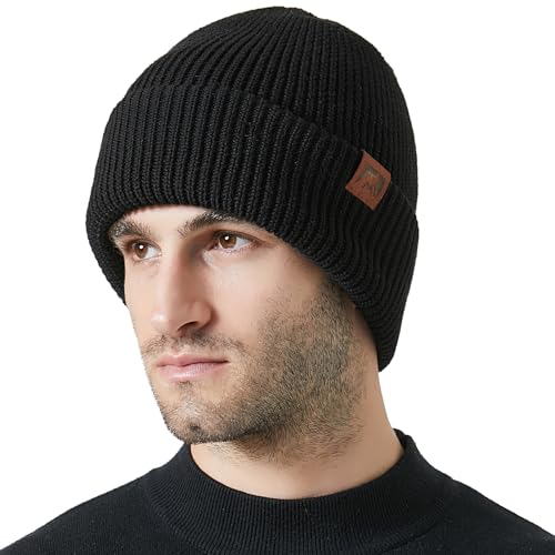 Beanie Mütze Herren Damen - Wintermütze mit Lederpatch Warme Strickmütze mit Fleecefutter - Weiche Dehnbare Unisex Wollmütze - Stylische Urban Streetwear Mütze - Winter, Schwarz von ricema