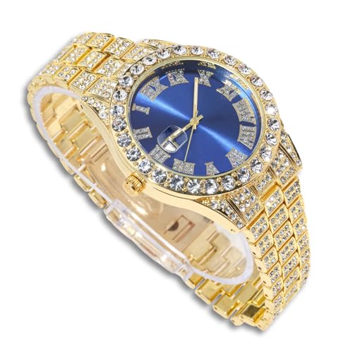 richhut Diamant-Armbanduhr für Herren, Herren, grün/blau/rotes Zifferblatt, 18 mm breites Armband, 18 Karat Echtgold/Weißgold, platiniert, mit kubanischer Gliederkette, Geschenk für Freund und Ehemann von richhut