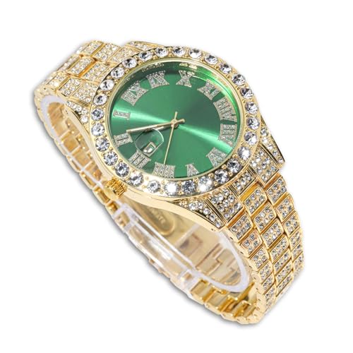 richhut Diamant-Armbanduhr für Herren, Herren, grün/blau/rotes Zifferblatt, 18 mm breites Armband, 18 Karat Echtgold/Weißgold, platiniert, mit kubanischer Gliederkette, Geschenk für Freund und Ehemann von richhut