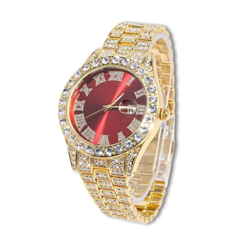 richhut Diamant-Armbanduhr für Herren, Herren, grün/blau/rotes Zifferblatt, 18 mm breites Armband, 18 Karat Echtgold/Weißgold, platiniert, mit kubanischer Gliederkette, Geschenk für Freund und Ehemann von richhut