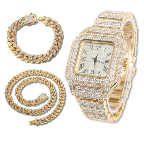 richhut Diamantuhr für Herren Iced Out 20MM Breites Band 18K Echtgold Plattiert, mit 20+45cm Cuban-Link-Ketten, Geschenk für Freund Ehemann richhut Diamantuhr für Herren Iced Out 20MM Breites Band 18K Echtgold Plattiert, mit 20+45cm Cuban-Link-Ketten, Geschenk für Freund Ehemann von richhut