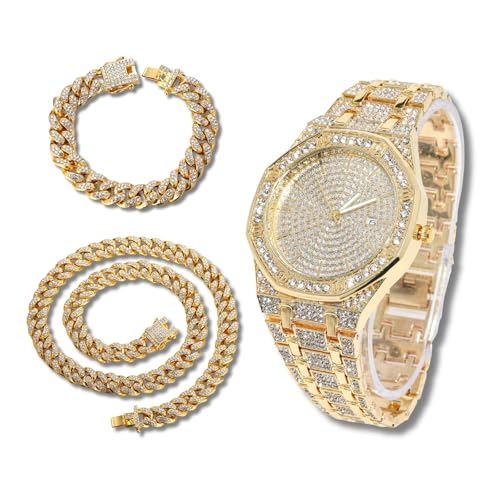 richhut Diamantuhr für Herren Iced Out Achteckiges Zifferblatt 20MM Breites Band 18K Echtgold Plattiert, mit 20+45cm Cuban-Link-Ketten, Geschenk für Freund Ehemann richhut Diamantuhr für Herren Iced Out Achteckiges Zifferblatt 20MM Breites Band 18K Echtgold Plattiert, mit 20+45cm Cuban-Link-Ketten, Geschenk für Freund Ehemann von richhut