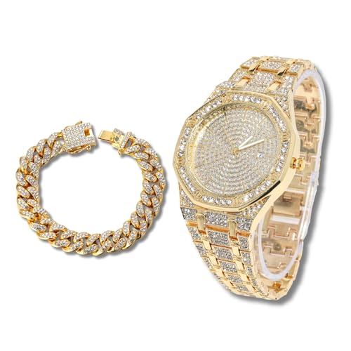 richhut Diamantuhr für Herren Iced Out Achteckiges Zifferblatt 20MM Breites Band 18K Echtgold Plattiert, mit 20cm Cuban-Link-Kette, Geschenk für Freund Ehemann richhut Diamantuhr für Herren Iced Out Achteckiges Zifferblatt 20MM Breites Band 18K Echtgold Plattiert, mit 20cm Cuban-Link-Kette, Geschenk für Freund Ehemann von richhut