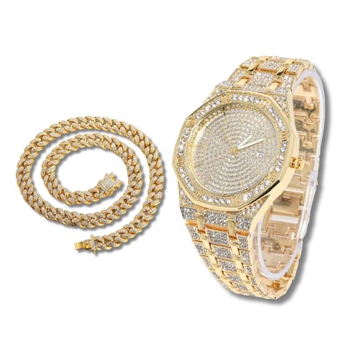 richhut Diamantuhr für Herren Iced Out Achteckiges Zifferblatt 20MM Breites Band 18K Echtgold Plattiert, mit 45cm Cuban-Link-Kette, Geschenk für Freund Ehemann richhut Diamantuhr für Herren Iced Out Achteckiges Zifferblatt 20MM Breites Band 18K Echtgold Plattiert, mit 45cm Cuban-Link-Kette, Geschenk für Freund Ehemann von richhut