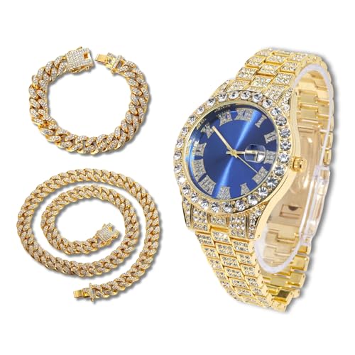 richhut Diamantuhr für Herren Iced Out Blaues Ziffernblatt 18MM Breites Band 18K Echtgold Plattiert, mit 20+45cm Cuban-Link-Ketten, Geschenk für Freund Ehemann richhut Diamantuhr für Herren Iced Out Blaues Ziffernblatt 18MM Breites Band 18K Echtgold Plattiert, mit 20+45cm Cuban-Link-Ketten, Geschenk für Freund Ehemann von richhut
