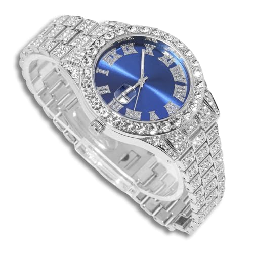 richhut Diamantuhr für Herren Iced Out Blaues Ziffernblatt 18MM Breites Band Weißgold Platin Plattiert, Geschenk für Freund Ehemann von richhut