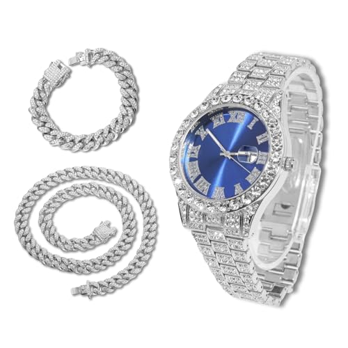 richhut Diamantuhr für Herren Iced Out Blaues Ziffernblatt 18MM Breites Band Weißgold Platin Plattiert, mit 20+45cm Cuban-Link-Ketten, Geschenk für Freund Ehemann von richhut