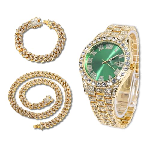 richhut Diamantuhr für Herren Iced Out Grünes Ziffernblatt 18MM Breites Band 18K Echtgold Plattiert, mit 20+45cm Cuban-Link-Ketten, Geschenk für Freund Ehemann richhut Diamantuhr für Herren Iced Out Grünes Ziffernblatt 18MM Breites Band 18K Echtgold Plattiert, mit 20+45cm Cuban-Link-Ketten, Geschenk für Freund Ehemann von richhut