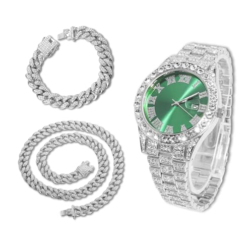 richhut Diamantuhr für Herren Iced Out Grünes Ziffernblatt 18MM Breites Band Weißgold Platin Plattiert, mit 20+45cm Cuban-Link-Ketten, Geschenk für Freund Ehemann richhut Diamantuhr für Herren Iced Out Grünes Ziffernblatt 18MM Breites Band Weißgold Platin Plattiert, mit 20+45cm Cuban-Link-Ketten, Geschenk für Freund Ehemann von richhut