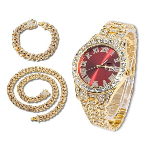 richhut Diamantuhr für Herren Iced Out Rotes Ziffernblatt 18MM Breites Band 18K Echtgold Plattiert, mit 20+45cm Cuban-Link-Ketten, Geschenk für Freund Ehemann richhut Diamantuhr für Herren Iced Out Rotes Ziffernblatt 18MM Breites Band 18K Echtgold Plattiert, mit 20+45cm Cuban-Link-Ketten, Geschenk für Freund Ehemann von richhut
